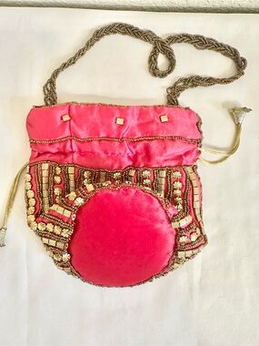 Satin VTG Indian Potli Embroidered Hot Pink Bag with Gold Motif (7x7)
